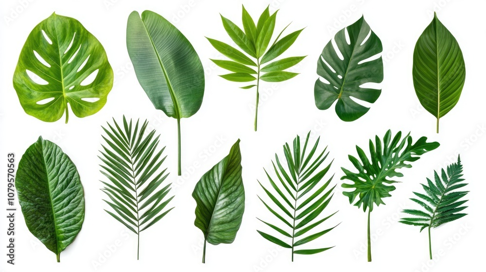 Vibrant collection of assorted tropical leaves set against a white backdrop perfect for themes centered on nature and greenery Vibrant collection of assorted tropical leaves set against a white backdrop perfect for themes centered on nature and greenery