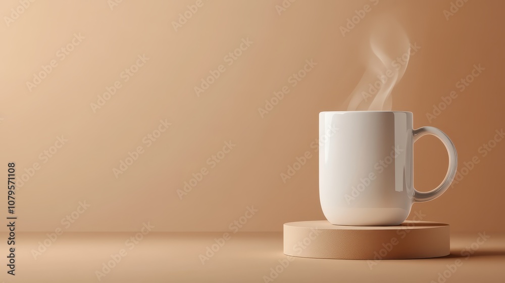 White Mug with Steam on Brown Background Minimalist Product Mockup. White Mug with Steam on Brown Background Minimalist Product Mockup.