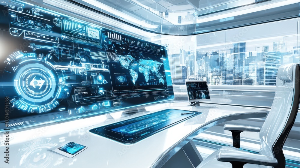 Futuristic Office with Advanced Technology and City View Futuristic Office with Advanced Technology and City View