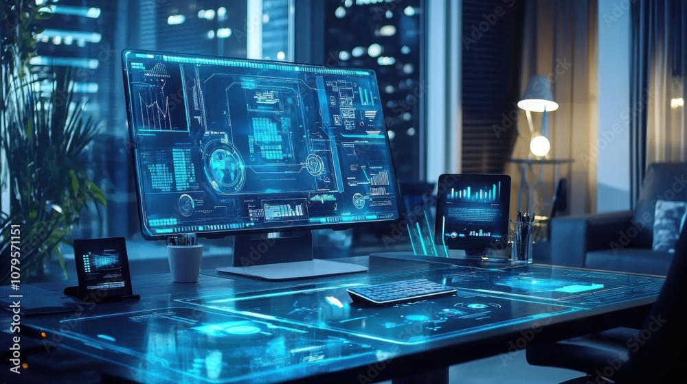 Futuristic Workspace with Advanced Technology and Gadgets Futuristic Workspace with Advanced Technology and Gadgets
