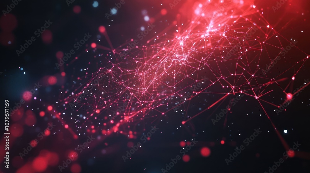 Abstract red and blue network connection with glowing dots on a dark background.