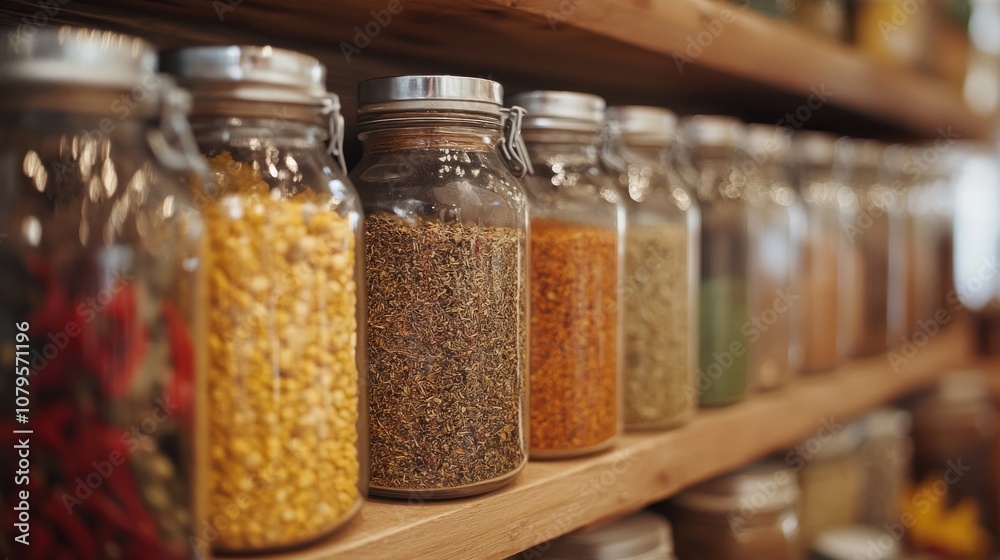 Close up shot of assorted spices and herbs displayed in a charming kitchen environment Close up shot of assorted spices and herbs displayed in a charming kitchen environment