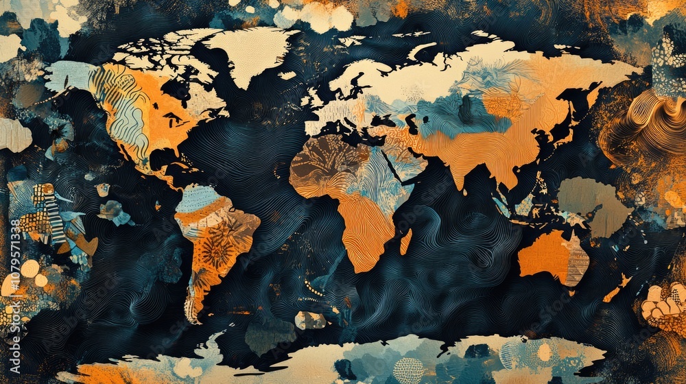 Abstract World Map with Swirling Lines and Patterns Abstract World Map with Swirling Lines and Patterns