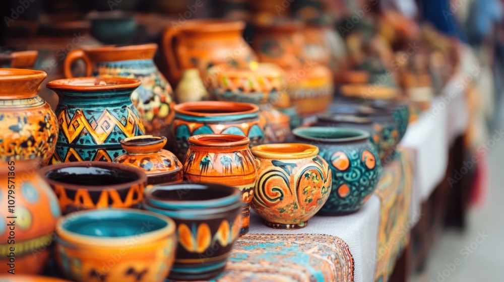 Traditional handicrafts showcased in a vibrant marketplace Traditional handicrafts showcased in a vibrant marketplace