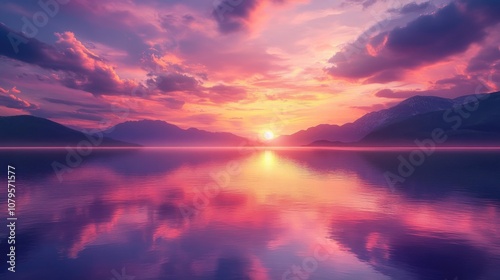 A stunning sunset casts vibrant colors over a tranquil lake creating shimmering reflections on the surface