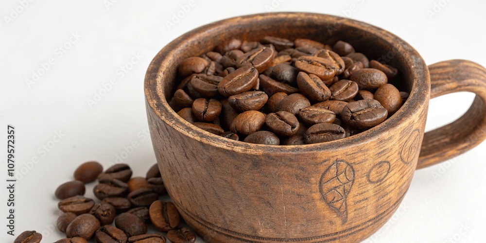 Fototapeta premium Vintage wooden cup filled with coffee beans, wood grain, vintage
