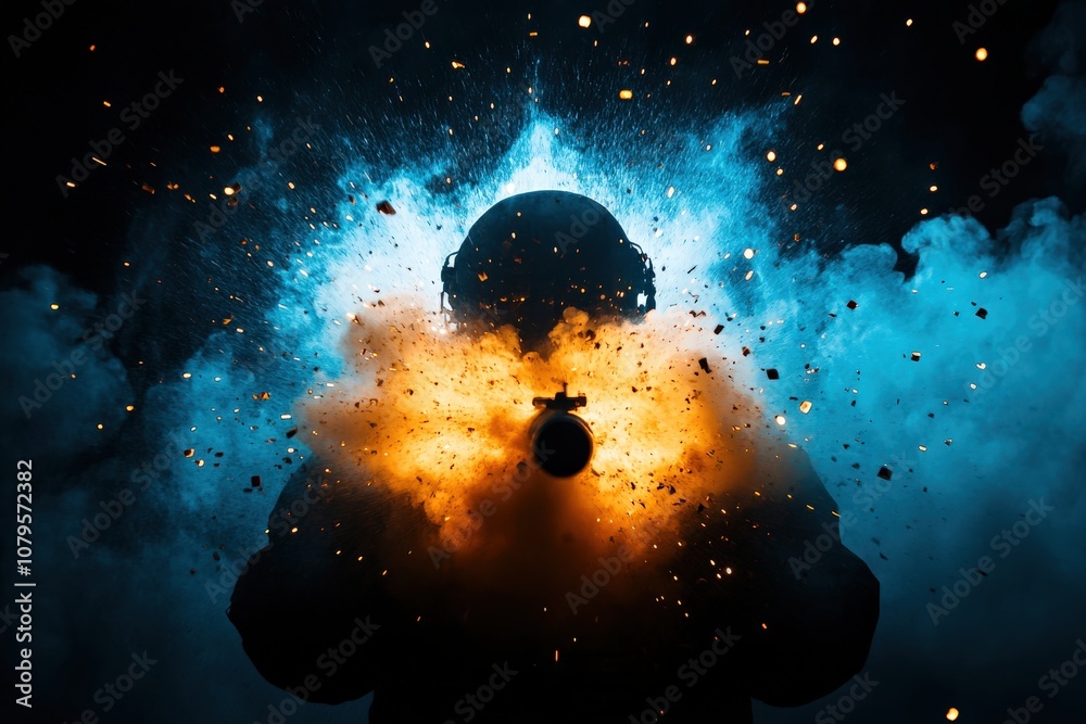 A silhouette of a person holding a grenade, surrounded by vibrant blue and orange explosive smoke and debris. A silhouette of a person holding a grenade, surrounded by vibrant blue and orange explosive smoke and debris.
