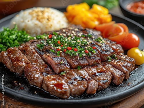 Sizzling beef bulgogi on a hot plate with vibrant side dishes, inviting colors and textures, culinary delight for food enthusiasts