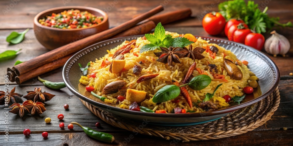 Delicious plate of aromatic briyani rice with a variety of colorful spices, indian cuisine, delicious, traditional, spices, rice