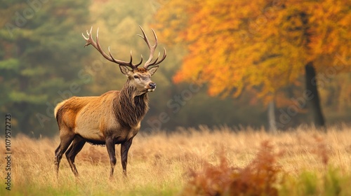 Autumn scene featuring a majestic red deer stag in a field Stunning wildlife captured in its natural habitat ideal for fall themed backgrounds with ample space for text