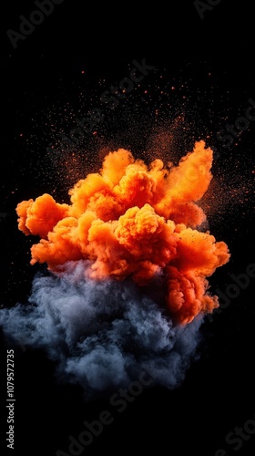 A vibrant explosion of orange smoke against a dark background, creating a dramatic visual effect with textures and colors intertwining.