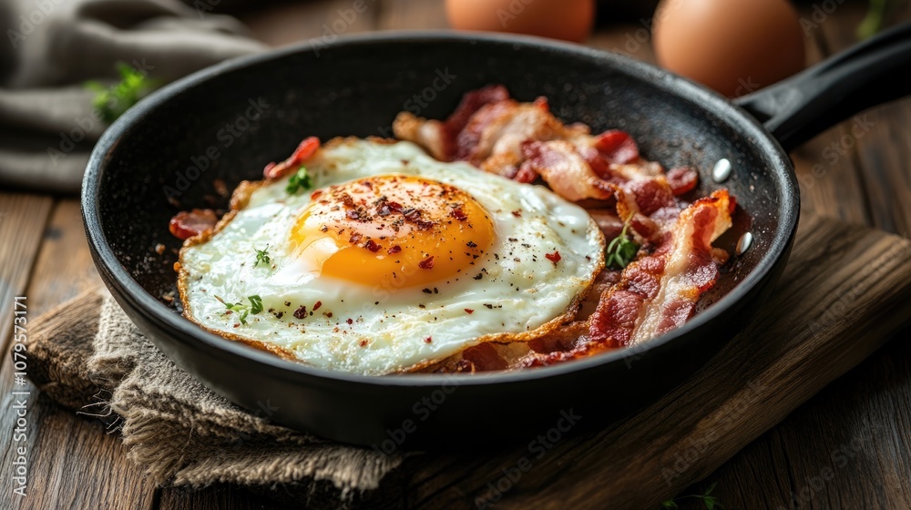Fried egg served with bacon in a ceramic pan on a rustic wooden surface Fried egg served with bacon in a ceramic pan on a rustic wooden surface