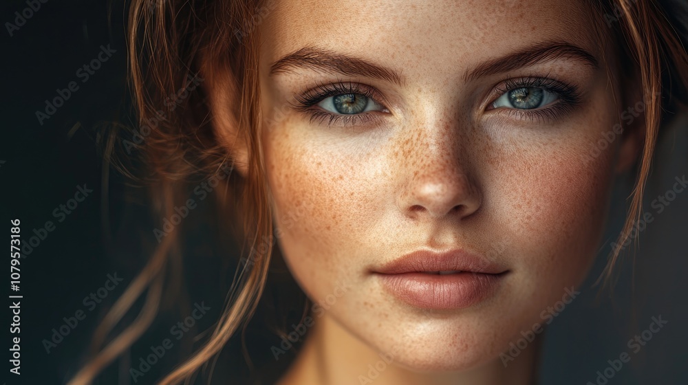 Attractive female model captured in a close up portrait under studio spotlight showcasing her appealing features Attractive female model captured in a close up portrait under studio spotlight showcasing her appealing features