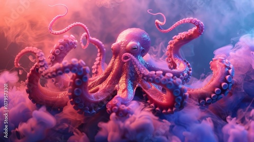 Dramatic octopus emerging from ink cloud with neon light background