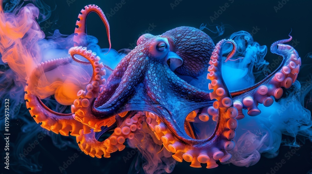 Dramatic octopus emerging from ink cloud with neon light background Dramatic octopus emerging from ink cloud with neon light background