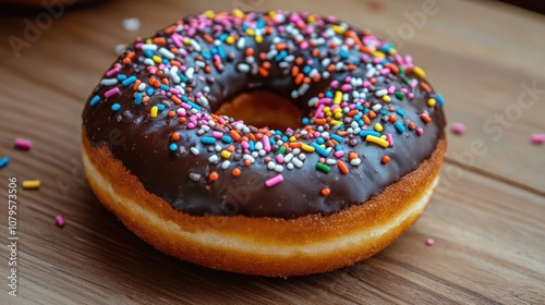 Chocolate covered donut adorned with vibrant sprinkles resting on a wooden surface