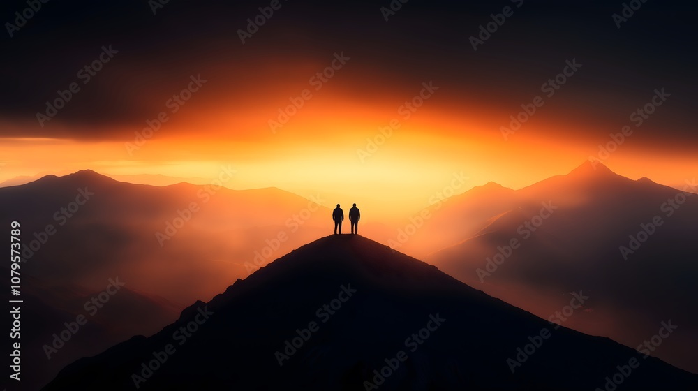 Two silhouettes are seen on a summit, overlooking vast mountains as the sky ignites with warm hues of orange and purple at sunset. The tranquil atmosphere evokes a sense of wonder. Two silhouettes are seen on a summit, overlooking vast mountains as the sky ignites with warm hues of orange and purple at sunset. The tranquil atmosphere evokes a sense of wonder.