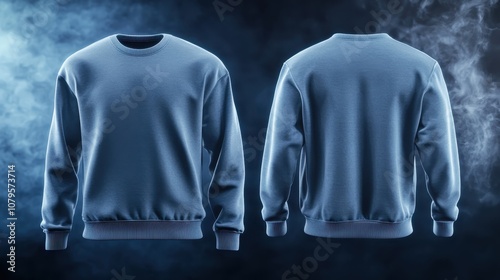 Blue Crew Neck Sweatshirt Mockup - Front and Back View on Smoke Background