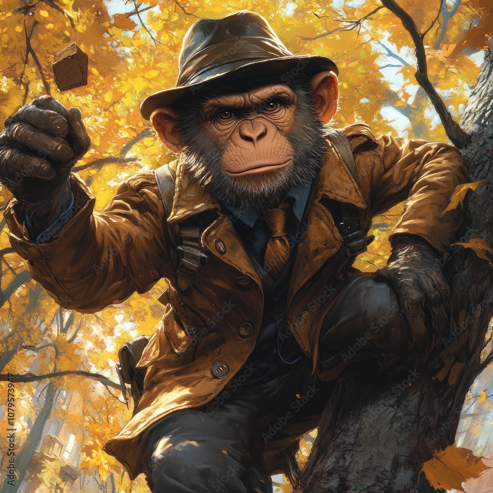 A chimpanzee dressed in a trench coat, tie, and fedora, stands in a forest. A chimpanzee dressed in a trench coat, tie, and fedora, stands in a forest.