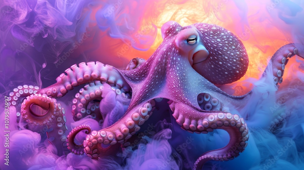 Dramatic octopus emerging from ink cloud with neon light background Dramatic octopus emerging from ink cloud with neon light background