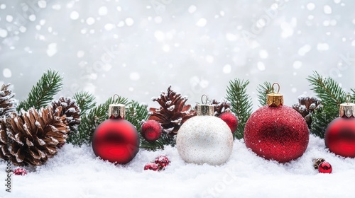 Festive Christmas decorations featuring ornaments and pinecones set against a snowy white backdrop for holiday celebrations