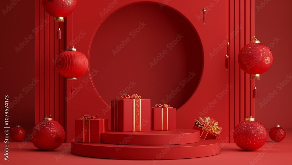 Red Festive Background with Gifts and Lanterns Red Festive Background with Gifts and Lanterns