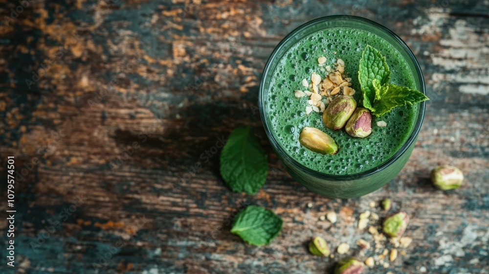 Nutritious green smoothie featuring mint pistachios and spirulina in a glass placed on a rustic wooden surface Emphasizing detox diet and healthy vegetarian cuisine with ample copy space Nutritious green smoothie featuring mint pistachios and spirulina in a glass placed on a rustic wooden surface Emphasizing detox diet and healthy vegetarian cuisine with ample copy space