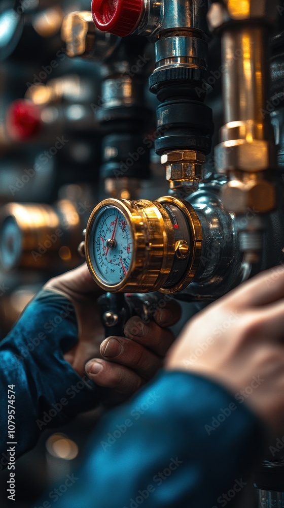 Technician adjusting air compressor, tools and machine parts prominently displayed, intricate details of machinery and equipment showcased Technician adjusting air compressor, tools and machine parts prominently displayed, intricate details of machinery and equipment showcased