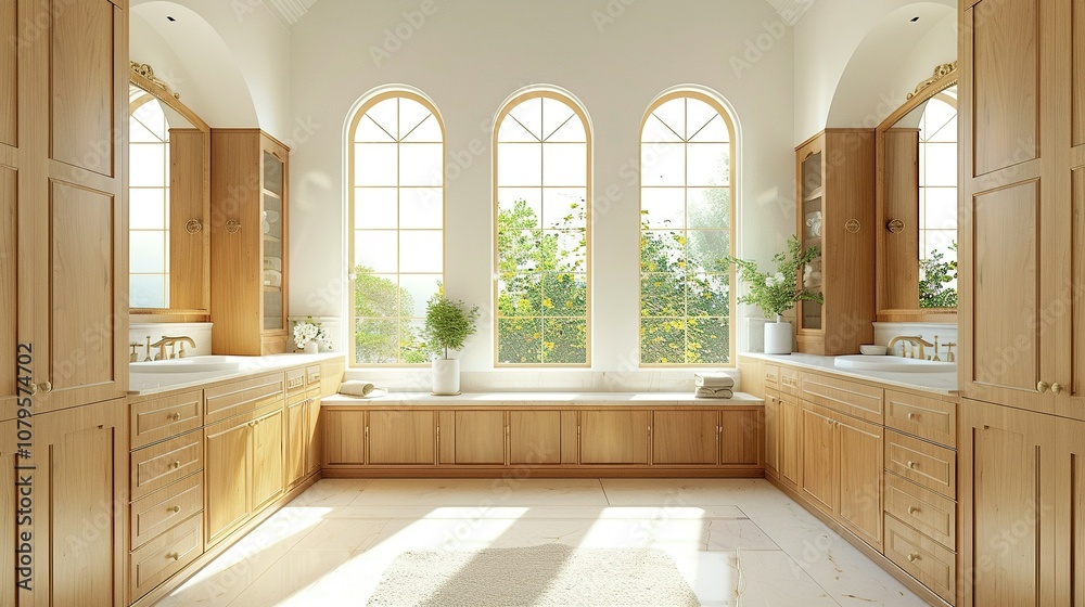Sophisticated Bathroom Concept: Dual Sinks and Wooden Cabinets with Arched Mirrors in 3D Sophisticated Bathroom Concept: Dual Sinks and Wooden Cabinets with Arched Mirrors in 3D