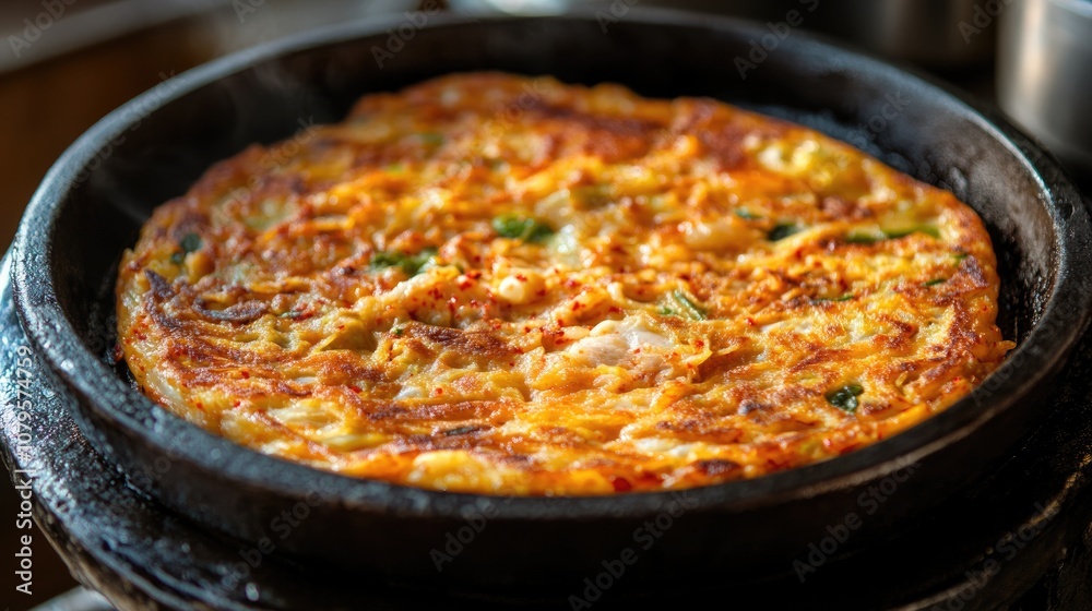 Kimchi pancake made from well fermented kimchi blended into a flour batter and pan fried with optional additions of finely chopped pork squid or clam meat Kimchi pancake made from well fermented kimchi blended into a flour batter and pan fried with optional additions of finely chopped pork squid or clam meat