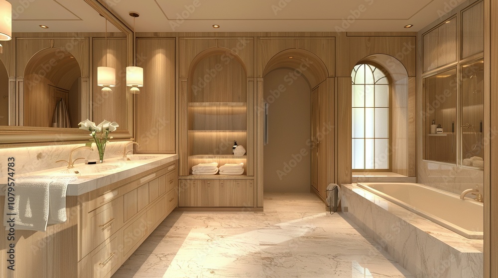 Modern Luxury: A 3D Rendering of a Bathroom with Light Colors, Dual Sinks, and Stylish Wooden Cabinets Modern Luxury: A 3D Rendering of a Bathroom with Light Colors, Dual Sinks, and Stylish Wooden Cabinets
