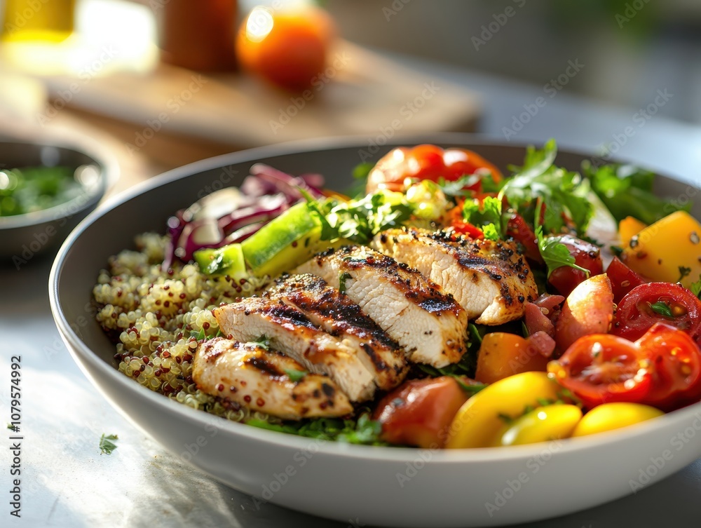 Delicious Grilled Chicken Quinoa Salad with Tomatoes and Greens. Delicious Grilled Chicken Quinoa Salad with Tomatoes and Greens.