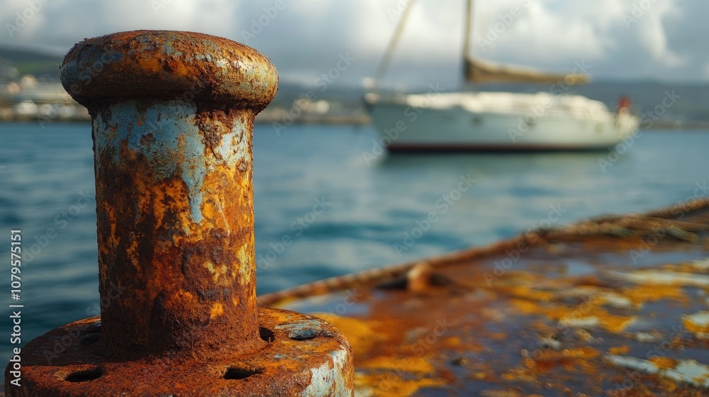 Rusted mooring bollard with a sailboat in the background Rusted mooring bollard with a sailboat in the background