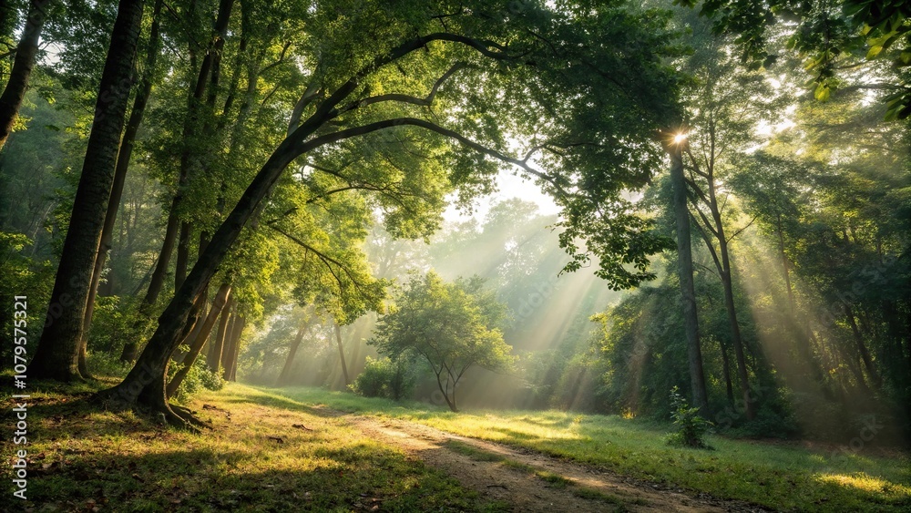 Obraz premium Warm sunlight filtering through dense foliage creates dappled patterns of light and shadow on the forest floor, calming, leafy greens, sun, ambiance, shadows