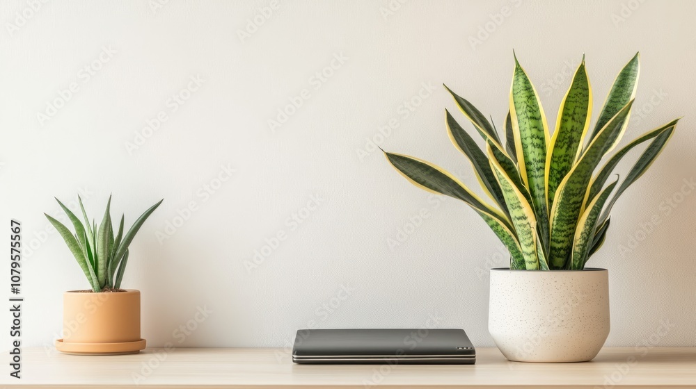 Bright striped decor alongside a Sansevieria plant on a desk with a neutral wall ideal for mock up presentations Bright striped decor alongside a Sansevieria plant on a desk with a neutral wall ideal for mock up presentations