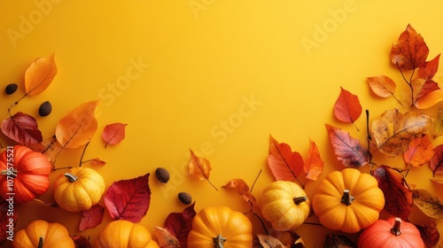 Autumn leaves and tiny pumpkins on a bright yellow backdrop creating a seasonal border design perfect for fall themed social media posts or harvest celebration invitations photo