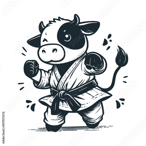 Cows practicing karate. Black white vector illustration.