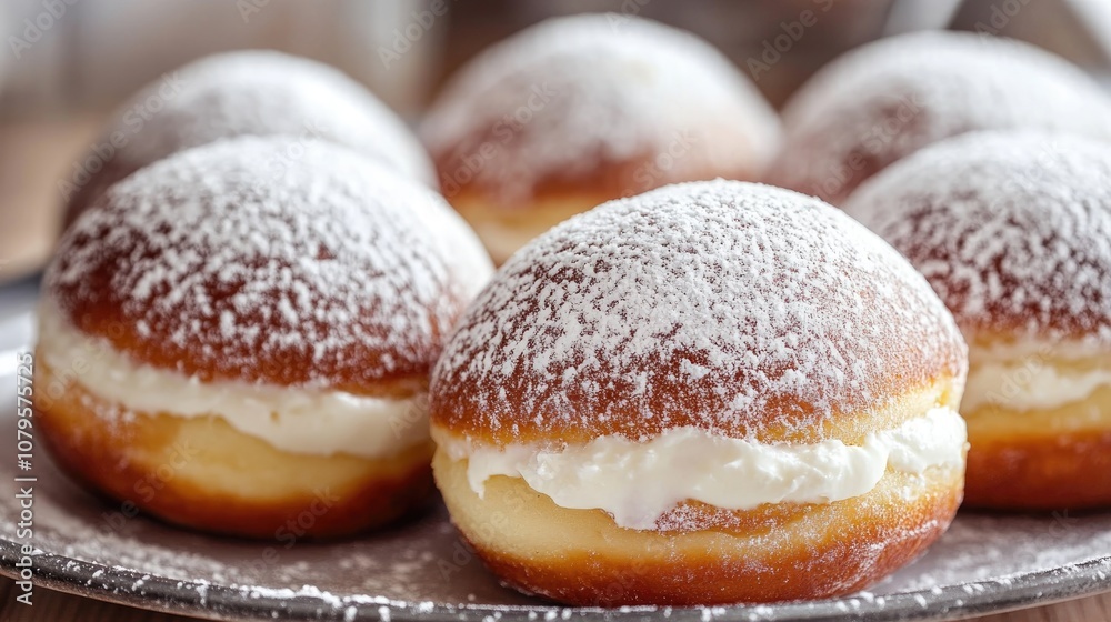 Close up of cream filled doughnuts coated in powdered sugar on a plate Close up of cream filled doughnuts coated in powdered sugar on a plate