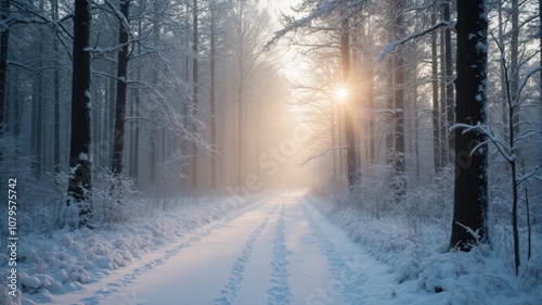 Tranquil Winter Morning with Sunlight Filtering Through Snowy Forest Path at Dawn, Creating a Peaceful Atmosphere with Fog, Fresh Air, and Natural Beauty