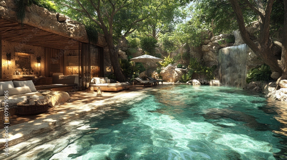 Naklejka premium Serene poolside retreat surrounded by lush greenery and waterfall.