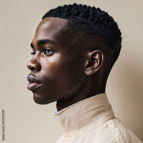 Side Profile Portrait of a Young African Man with Natural Hairstyle on Minimalist Beige Background – Elegant Fashion, Refined Features, and Calm Expression in Soft, Studio Lighting