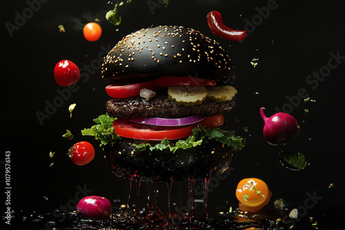 beef burger, a black hamburger. photo