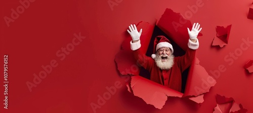 Santa Claus bursting through red paper