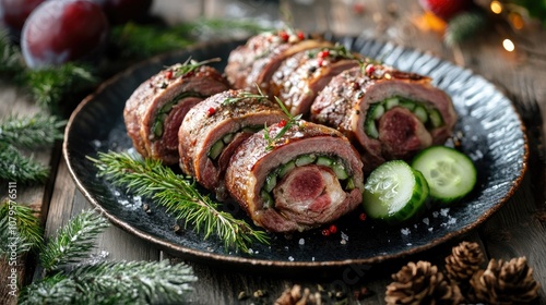 Savory beef roulades filled with plum and bacon accompanied by fresh cucumber served in a wintry setting photo