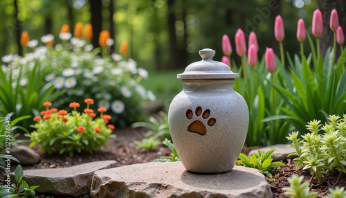 Stone pet urn with paw print in flower garden