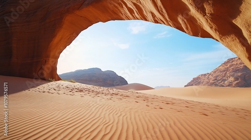 A majestic sandstone arch partially obscured by rolling sand dunes stands tall in a captivating desert landscape beckoning travelers to explore its rugged yet ethereal beauty