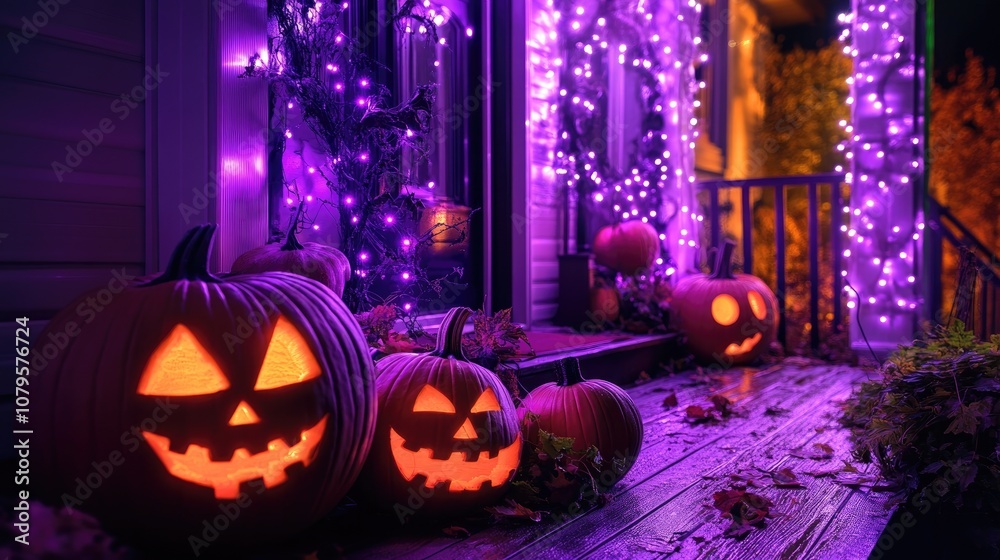 Obraz premium Halloween themed home decorations featuring pumpkins and purple lights showcased at night emphasizing vertical and seasonal outdoor decor