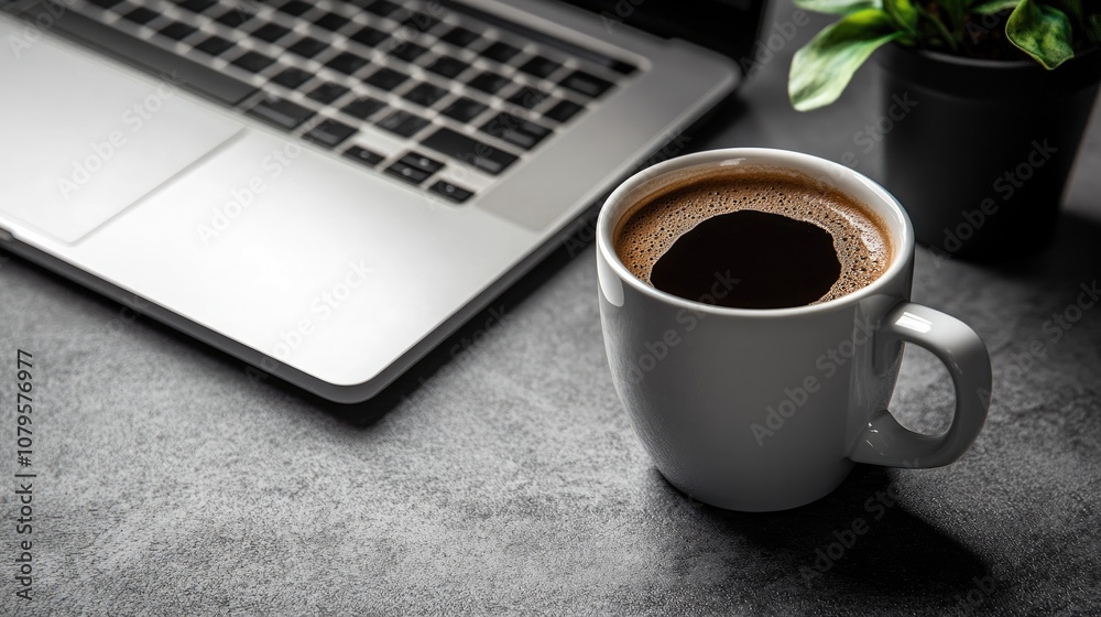 Cup of coffee placed on a workspace alongside a laptop Cup of coffee placed on a workspace alongside a laptop