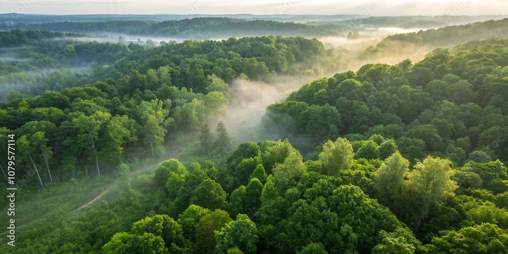 Aerial view of a dense green forest with morning mist Aerial view of a dense green forest with morning mist