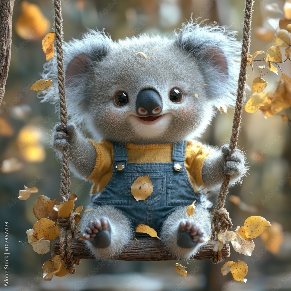 A cute koala bear wearing overalls and a yellow shirt sits on a wooden swing surrounded by autumn leaves. A cute koala bear wearing overalls and a yellow shirt sits on a wooden swing surrounded by autumn leaves.